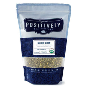 Organic Positively Tea Mango Green branding label on the package