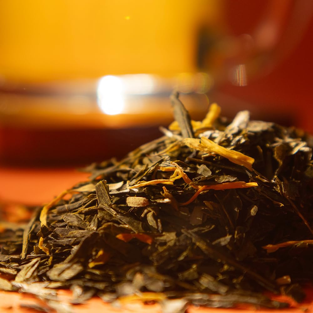 Organic Positively Tea Mango Green calendula petals add color to the blend