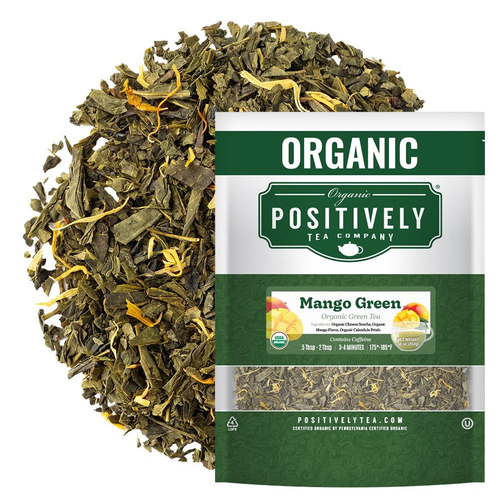 Organic Positively Tea Mango Green leaves close-up for a quick refreshing brew