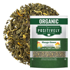 Organic Positively Tea Mango Green leaves close-up for a quick refreshing brew
