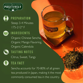 Organic Positively Tea Mango Green loose-leaf tea in bag packaging for easy measured brewing