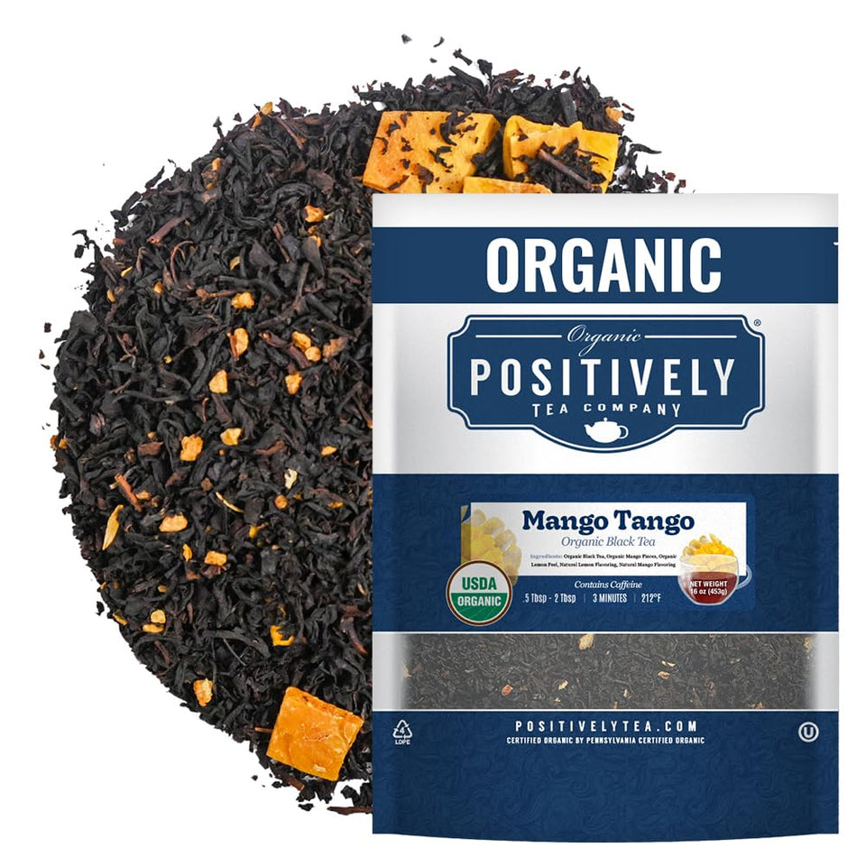 Organic Positively Mango Tango loose leaf tea ready for infusion and refreshing iced beverages