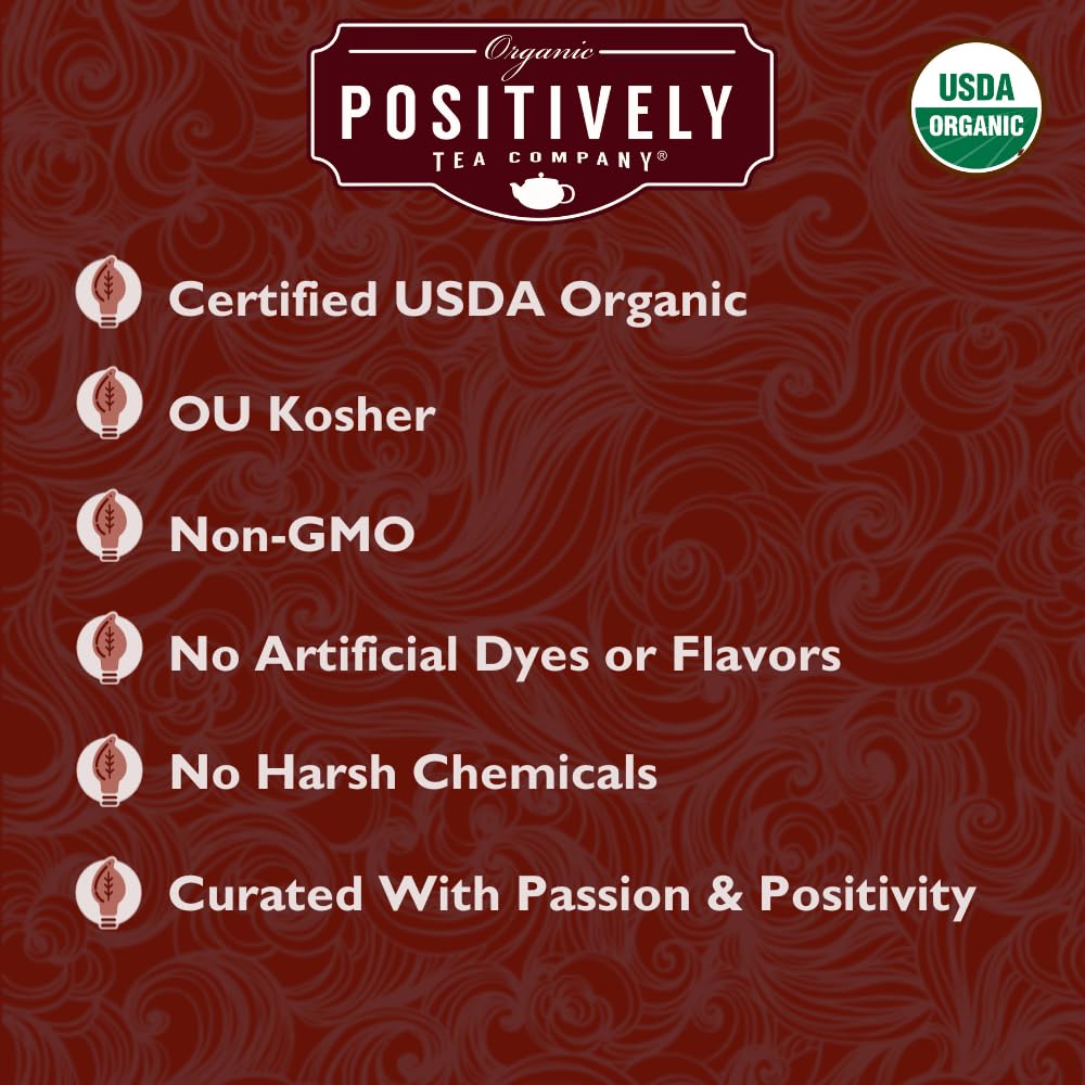 Organic Positively Tea Rooibos tin label shows USDA Organic certification.