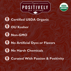 Organic Positively Tea Rooibos tin label shows USDA Organic certification.