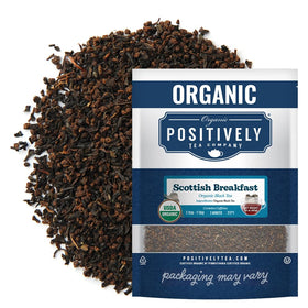 Organic Positively Tea Company Scottish Breakfast loose-leaf close-up for a bold morning wake-up.