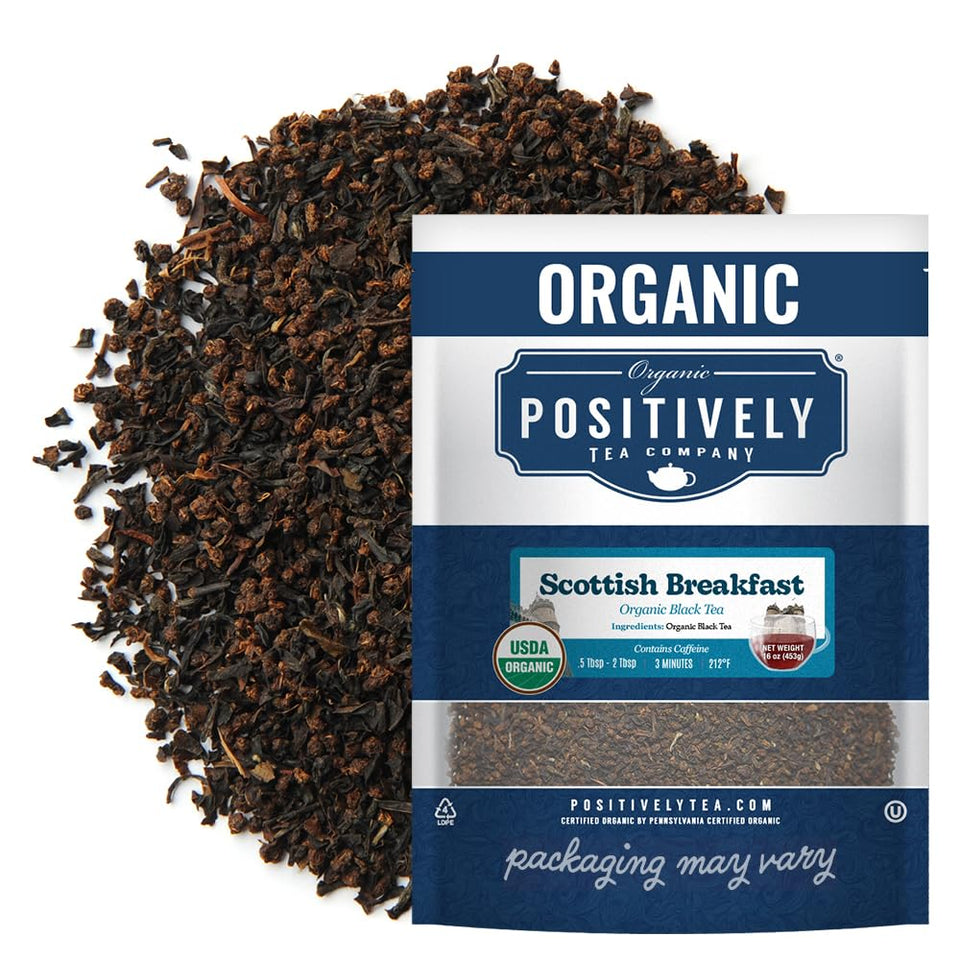 Organic Positively Tea Company Scottish Breakfast loose-leaf close-up for a bold morning wake-up.