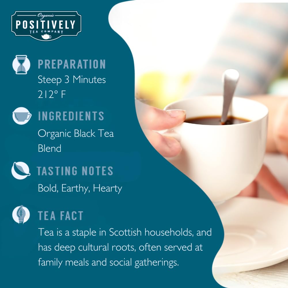 Organic Positively Tea Company Scottish Breakfast cup scene highlighting a robust, satisfying brew.