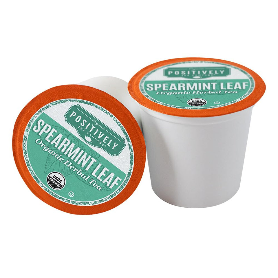 Organic Positively Tea spearmint pods packaging, convenient single-serve design.
