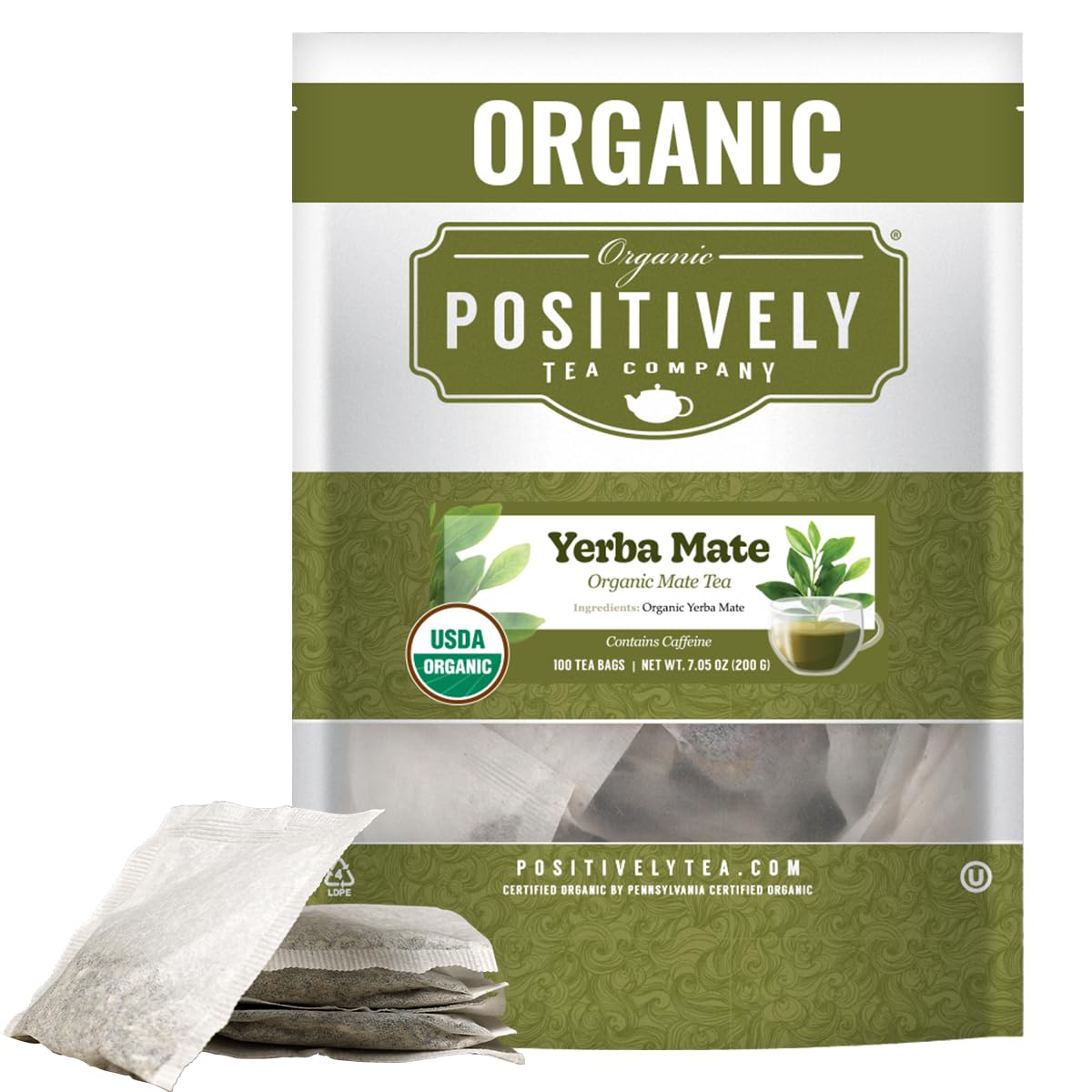 Organic Positively Tea Yerba Mate tea bags unsmoked—convenient 100-count packaging for daily energy.