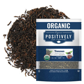 Organic Positively Tea Company Yunnan black tea loose-leaf close-up, showcasing a rich antioxidant profile.