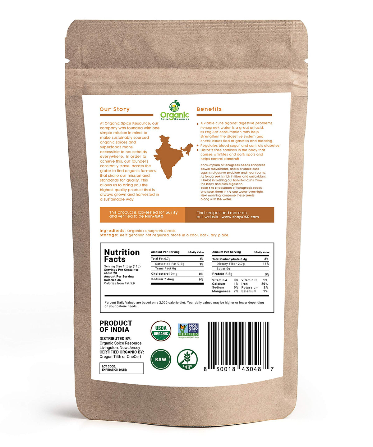 Organic Spice Resource fenugreek seeds label showing organic and non-GMO quality