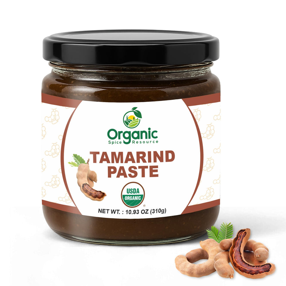 Organic Spice Resource Tamarind Paste in glass jar front for authentic Pad Thai flavor.