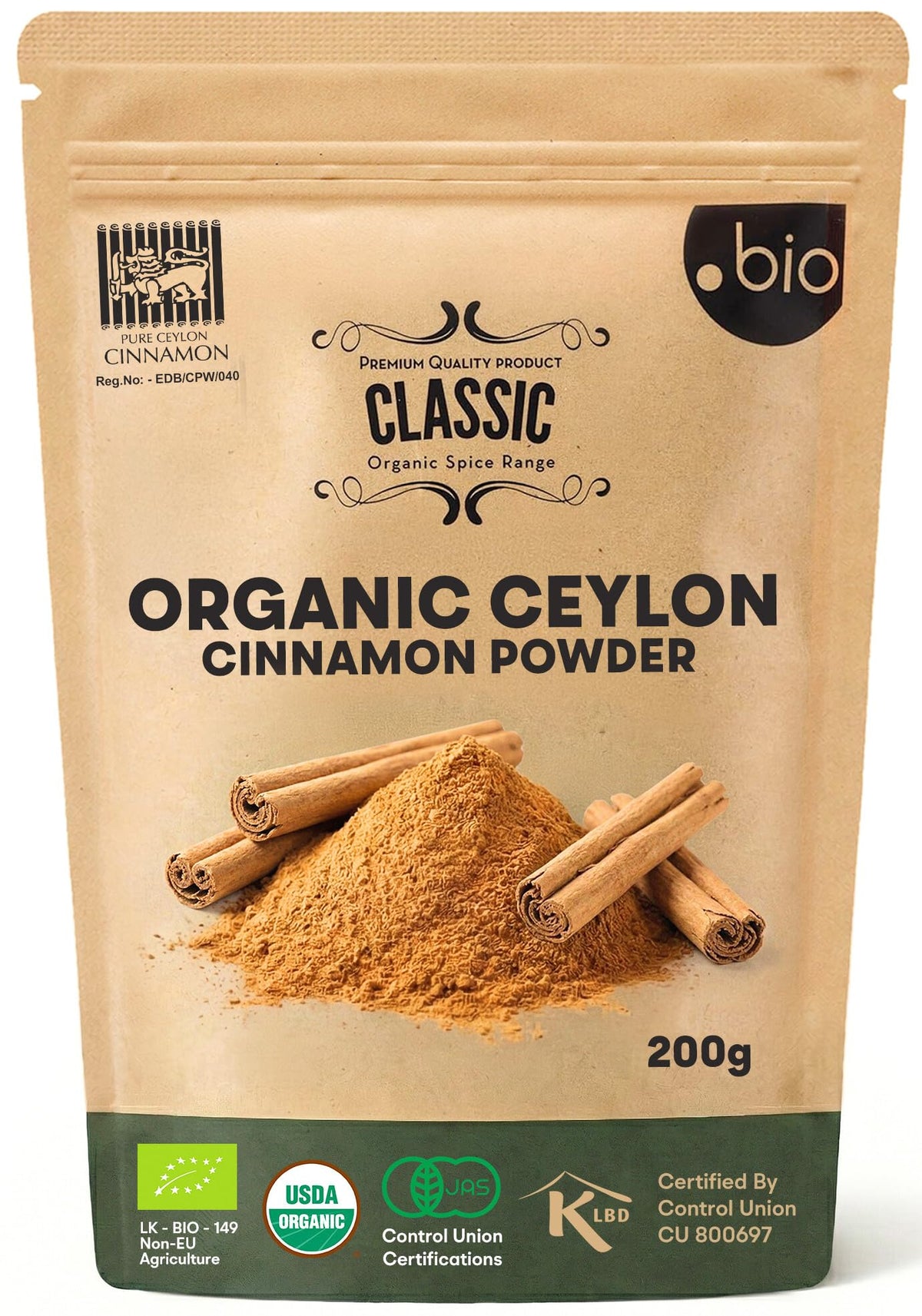 Organic Spice Shop cinnamon powder bag front—resealable for lasting freshness