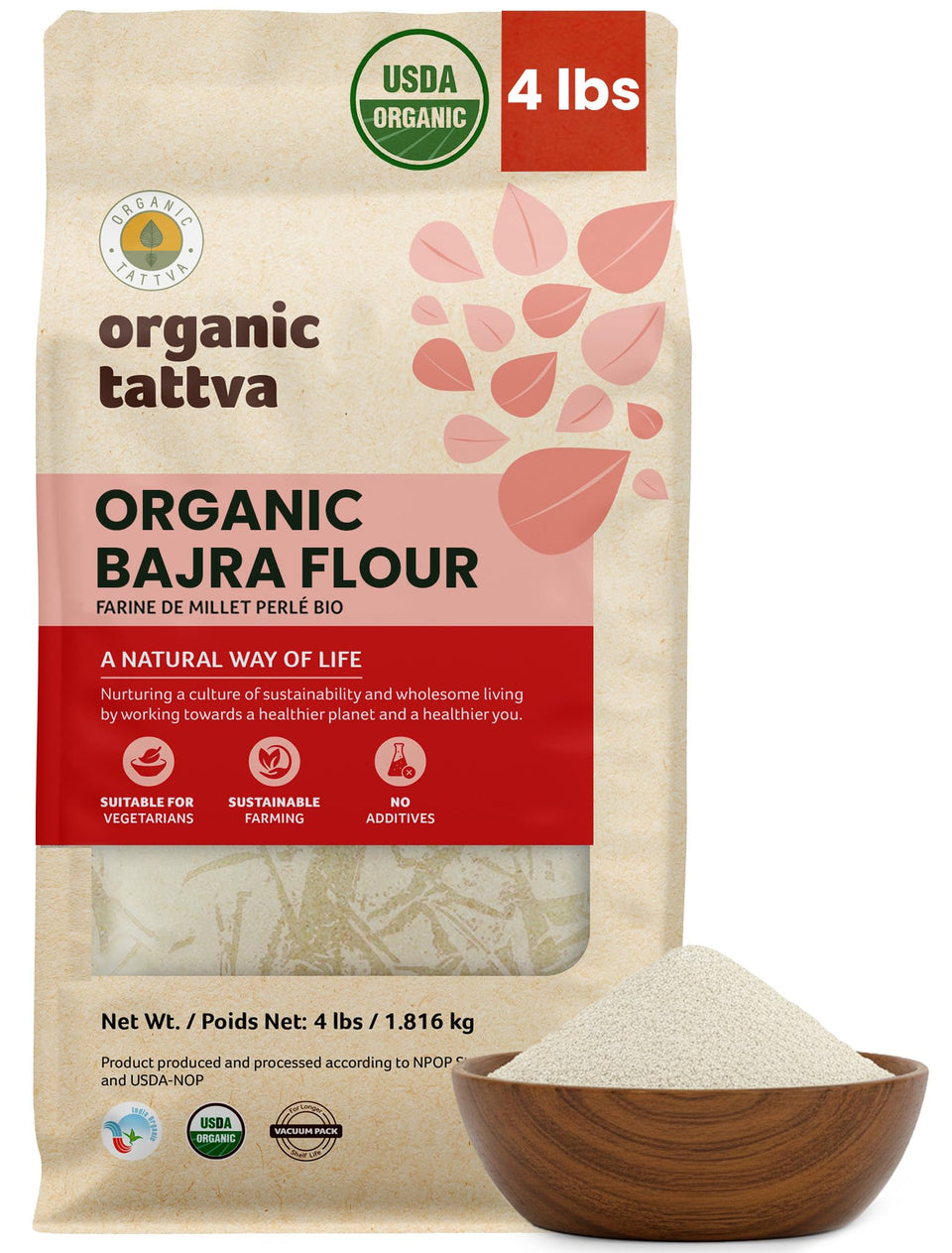 Organic Tattva Bajra flour packaging shows freshness and quality.