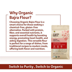 Organic Tattva Bajra flour gluten-free vegan-friendly bag emphasizes dietary compatibility.