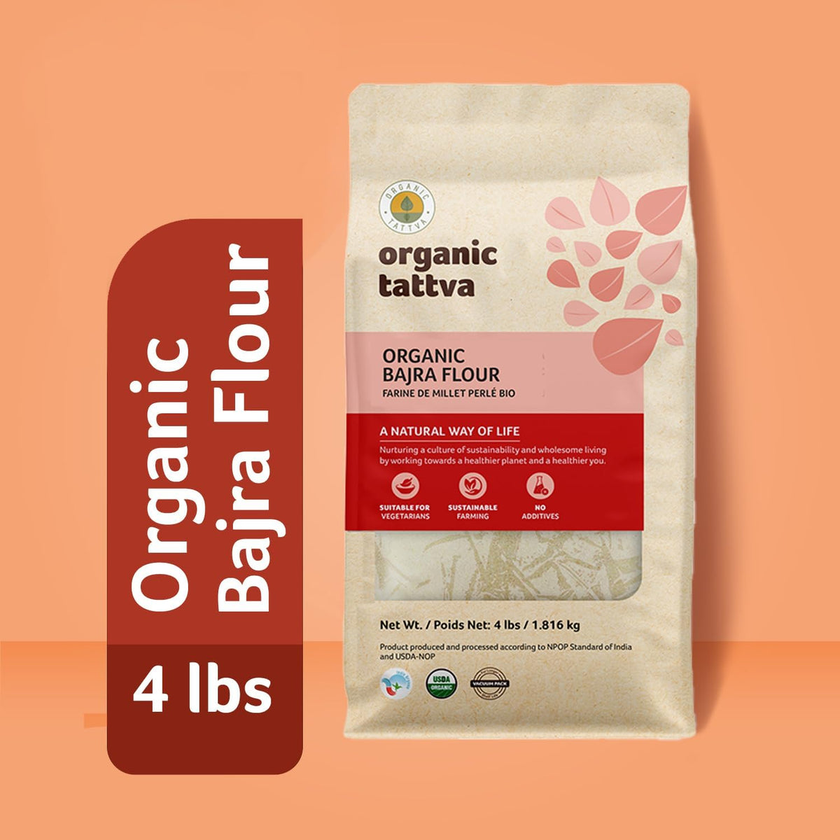 Organic Tattva Bajra flour raw powder close-up highlights millet base.