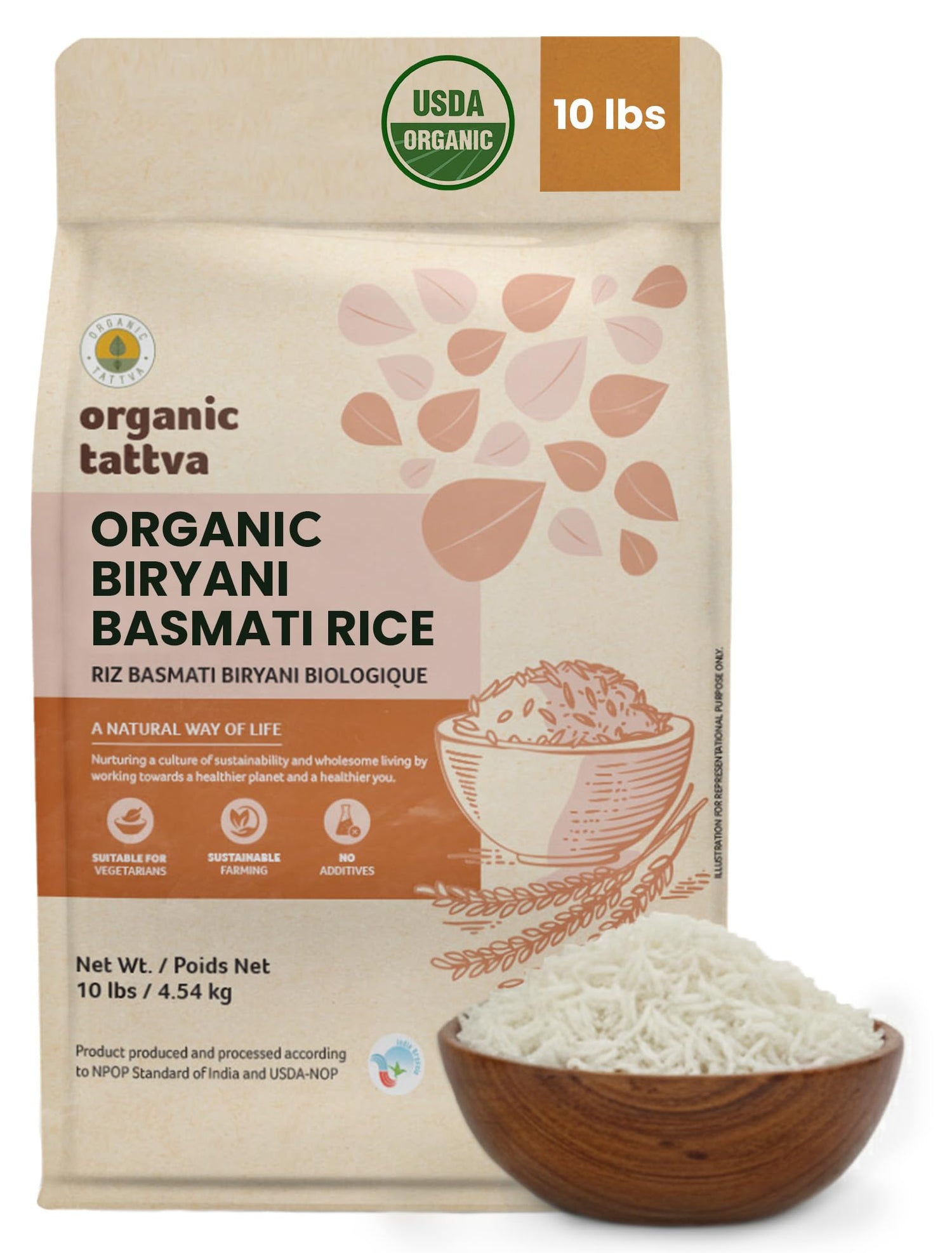 Organic Tattva Biryani Rice packaging with vacuum seal ensures lasting freshness.