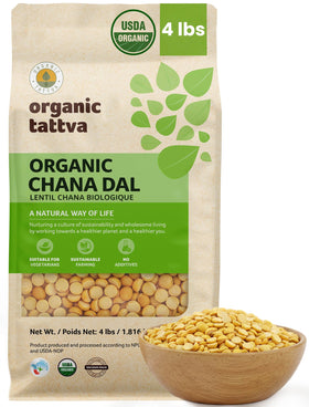 Organic Tattva Chana Dal bag closeup, showing a protein-rich pantry staple