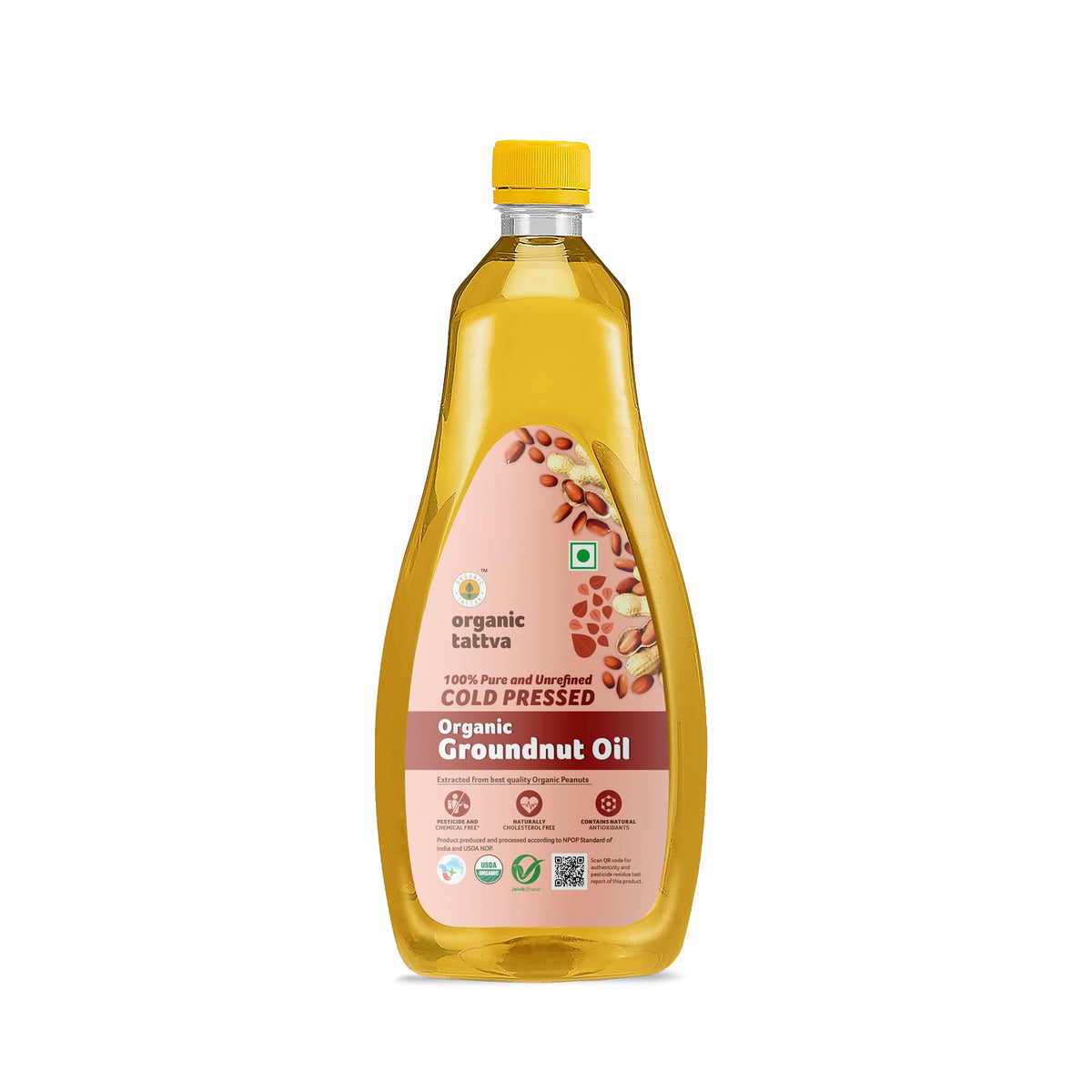 Organic Tattva cold-pressed groundnut oil bottle for premium cooking and frying.