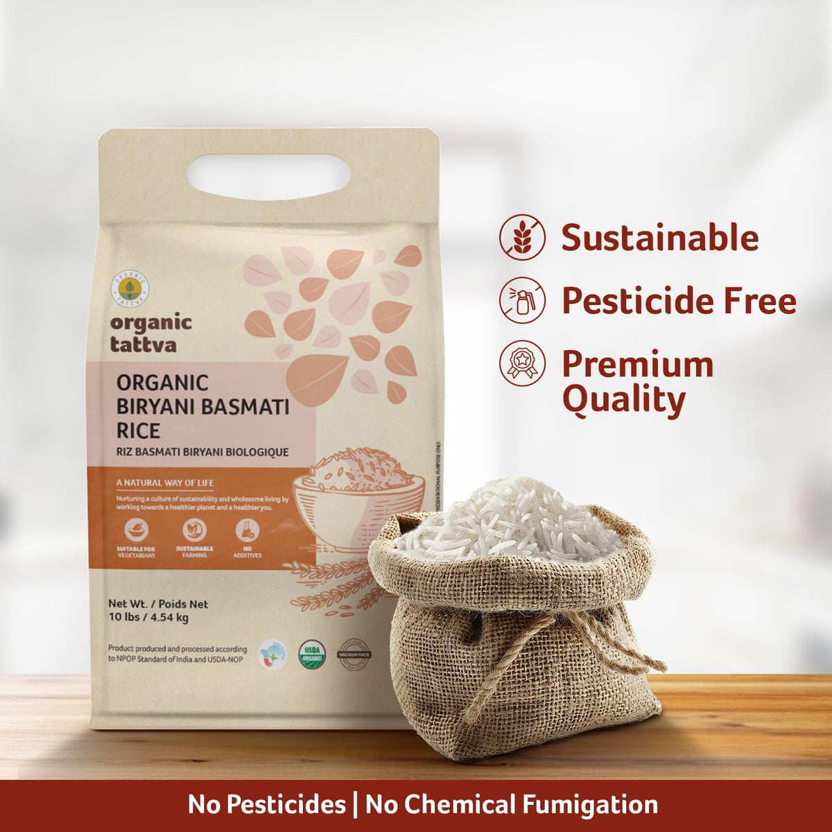 Organic Tattva cooked fluffy grains separate for layered biryani presentation.