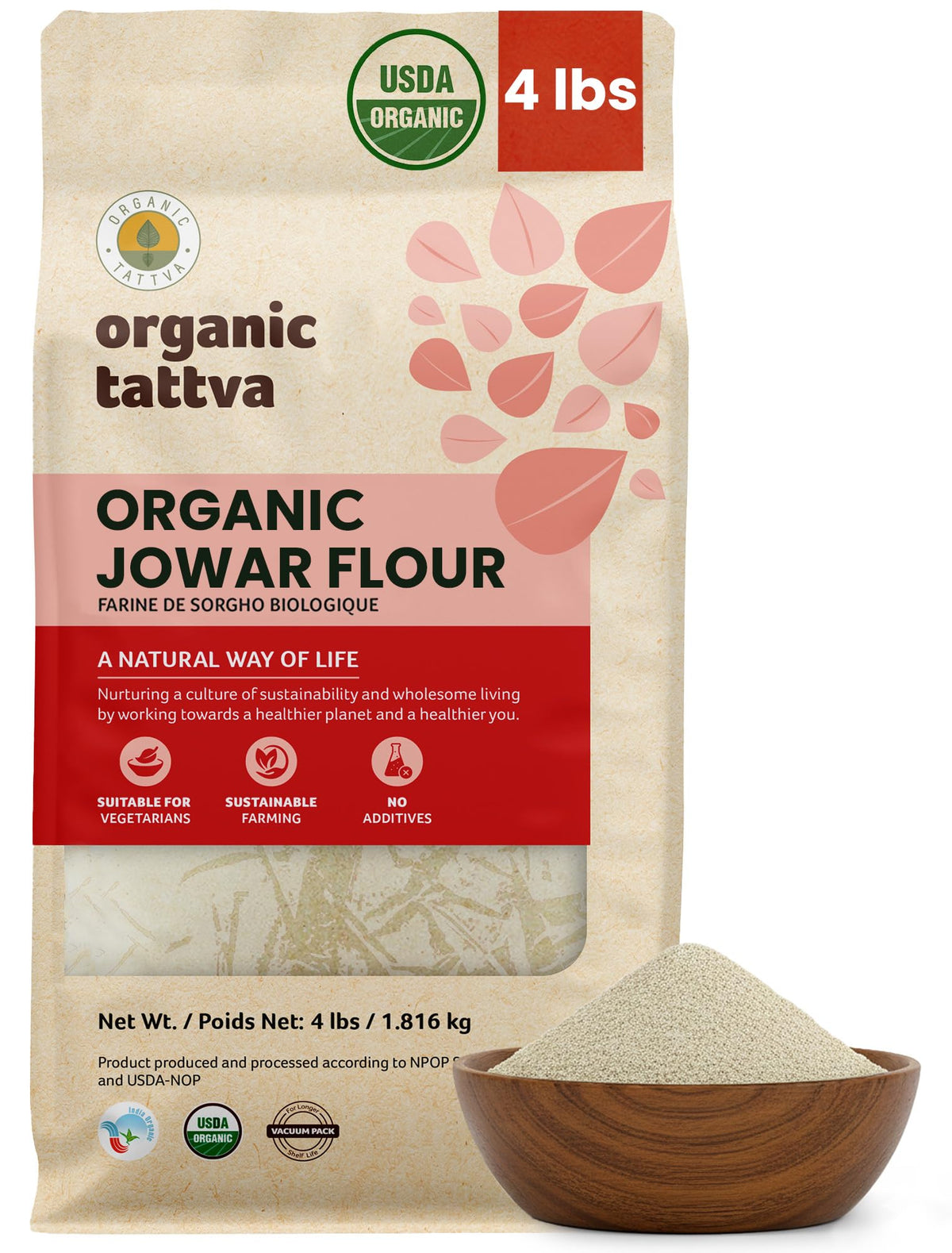 Organic Tattva Jowar flour bag ready for gluten-free baking and pantry storage.