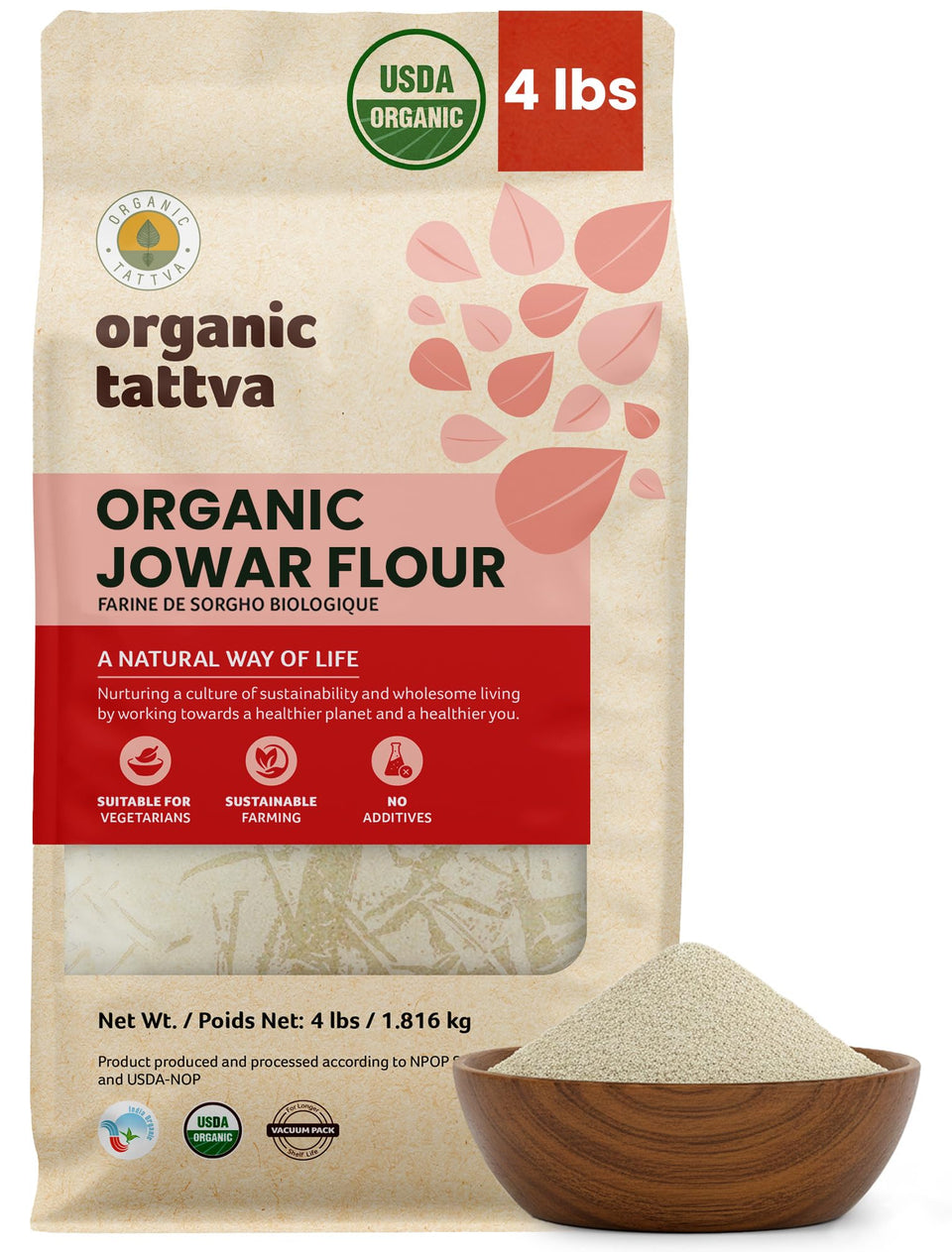 Organic Tattva Jowar flour bag ready for gluten-free baking and pantry storage.
