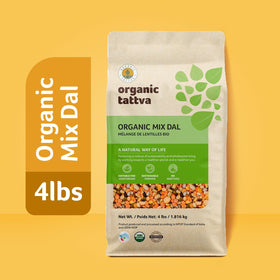 Organic Tattva Mix Dal with red, green, yellow, and black lentils for versatile meals.