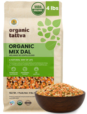 Organic Tattva Mix Dal packaging close-up with organic label signaling clean plant-based meals.