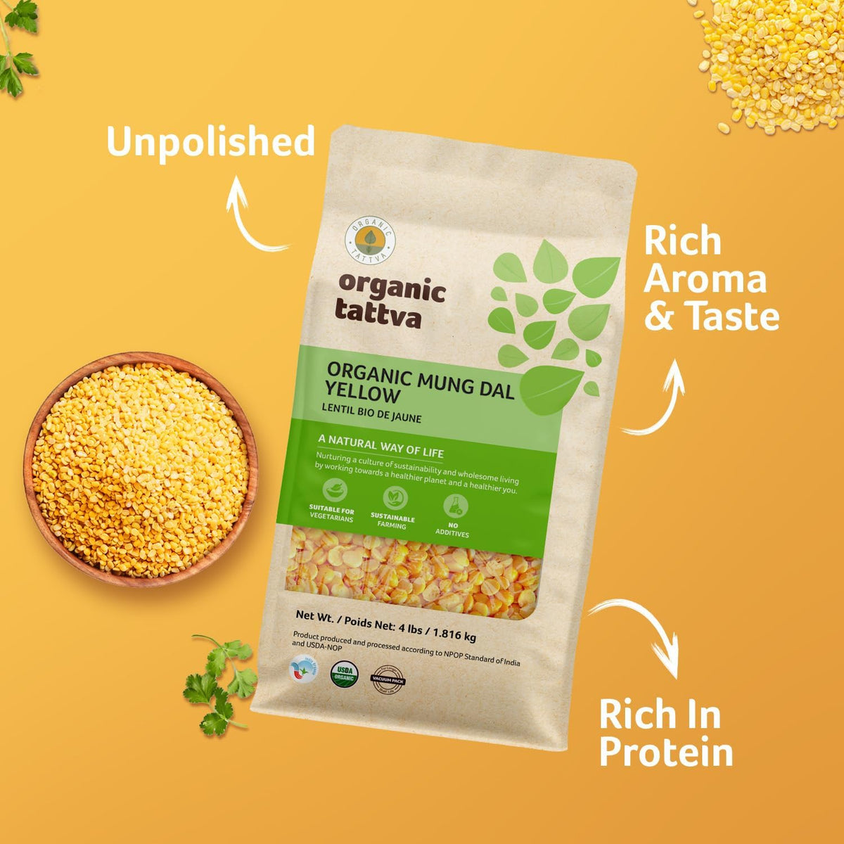 Organic Tattva Moong Dal cooked dal in a bowl looks creamy and comforting.