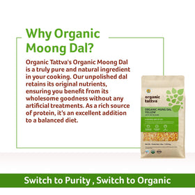 Organic Tattva Moong Dal gluten-free vegan label signals dietary compatibility.