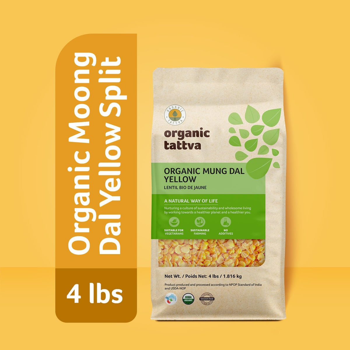 Organic Tattva Moong Dal soaked lentils ready for quick, flavorful dal.