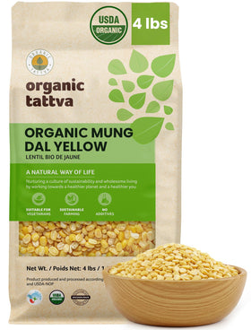 Organic Tattva Moong Dal yellow split packaging highlights a fresh, protein-rich pantry staple.
