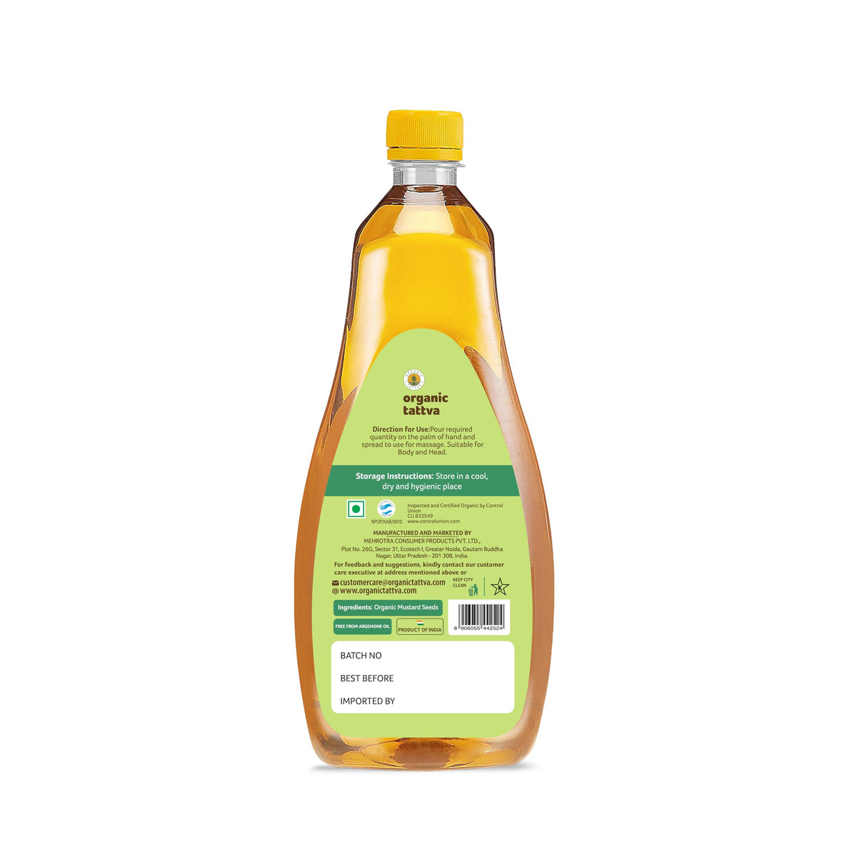 Organic Tattva mustard oil label closeup highlighting purity for skin and hair