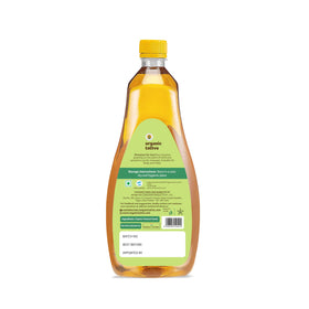 Organic Tattva mustard oil label closeup highlighting purity for skin and hair