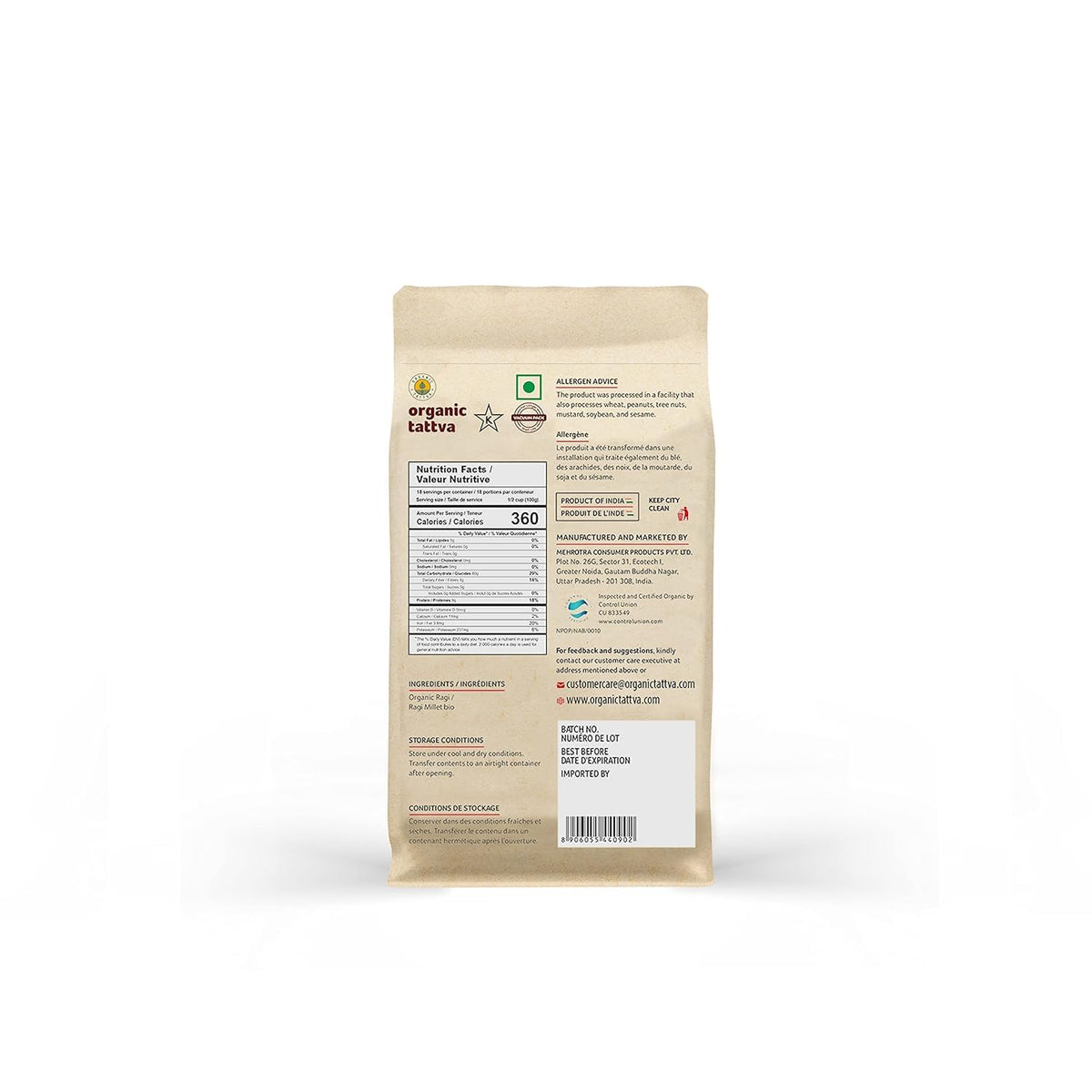 Organic Tattva Ragi Flour bag closeup with organic certification badge.