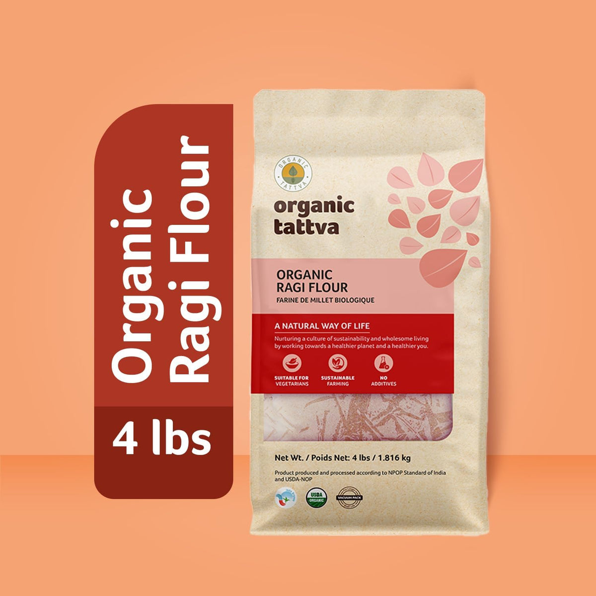Organic Tattva Ragi Flour ingredients panel highlights non-GMO vegan options.
