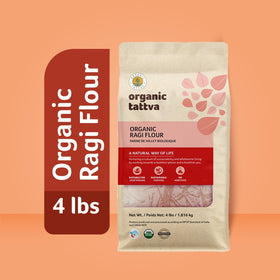 Organic Tattva Ragi Flour ingredients panel highlights non-GMO vegan options.