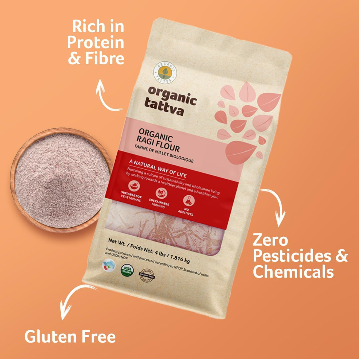 Organic Tattva Ragi Flour measured cup ready for gluten-free baking.