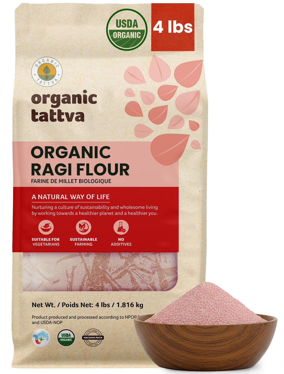 Organic Tattva Ragi Flour pack showing gluten-free, high-fiber millet flour.