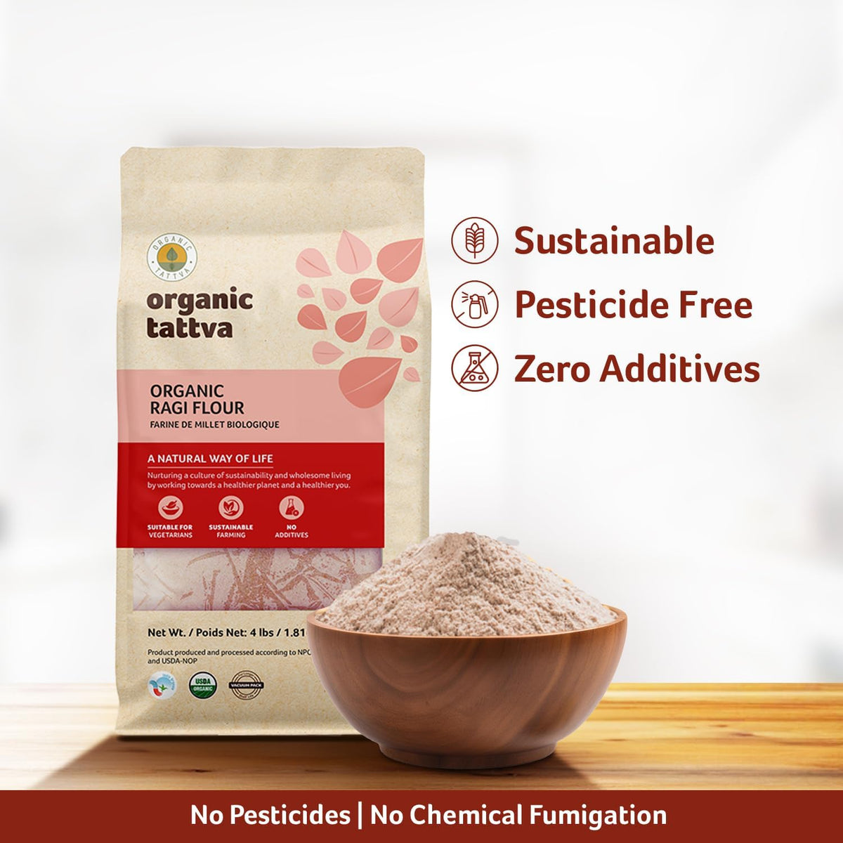 Organic Tattva Ragi Flour ready for versatile gluten-free baking.