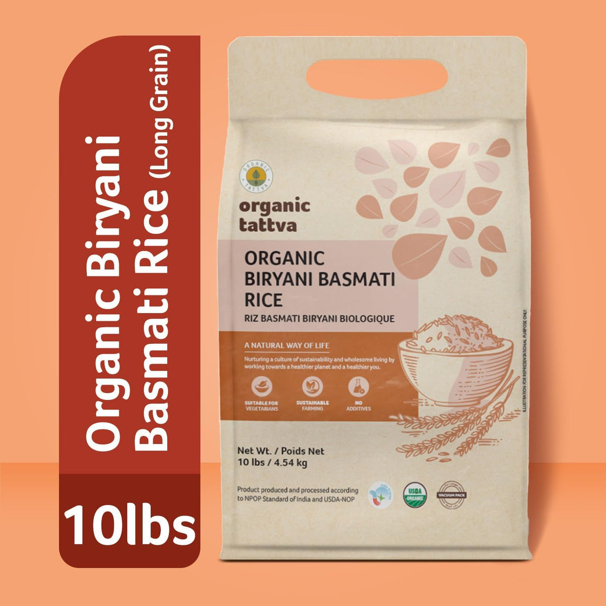 Organic Tattva raw basmati grains show long, aromatic kernels.
