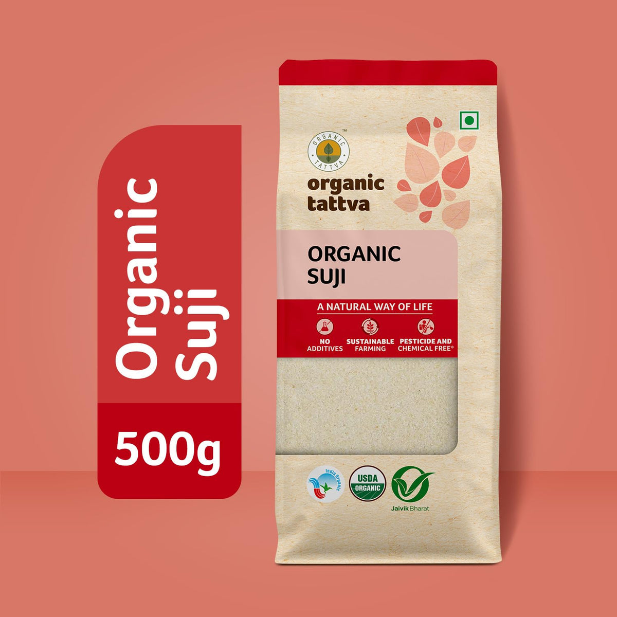 Measuring cup with Organic Tattva semolina for precise portions.