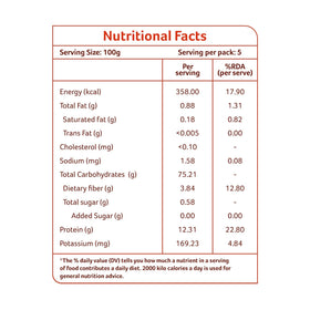 Nutrition panel highlight showing protein and fiber in Organic Tattva semolina.
