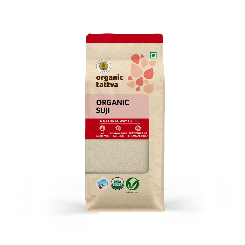 Organic Tattva semolina pack showing durum wheat base suitable for versatile cooking.
