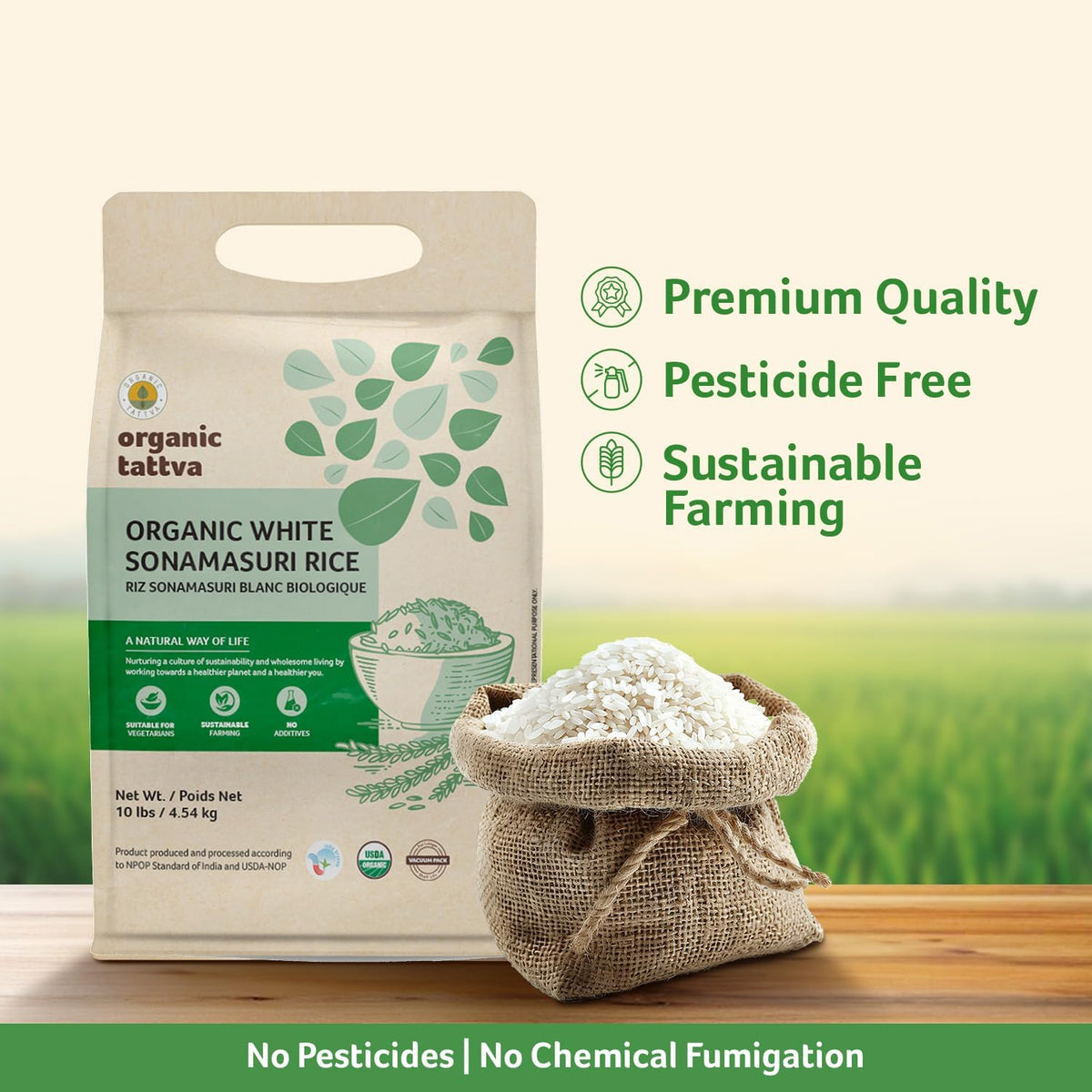 Organic Tattva Sonamasuri Rice aroma enhances dining with a gentle fragrance.