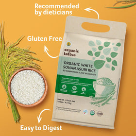 Organic Tattva Sonamasuri Rice fluffy grains deliver non-sticky results for everyday bowls.