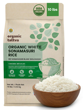 Organic Tattva Sonamasuri Rice pack shows premium organic grains for fluffy steamed rice.