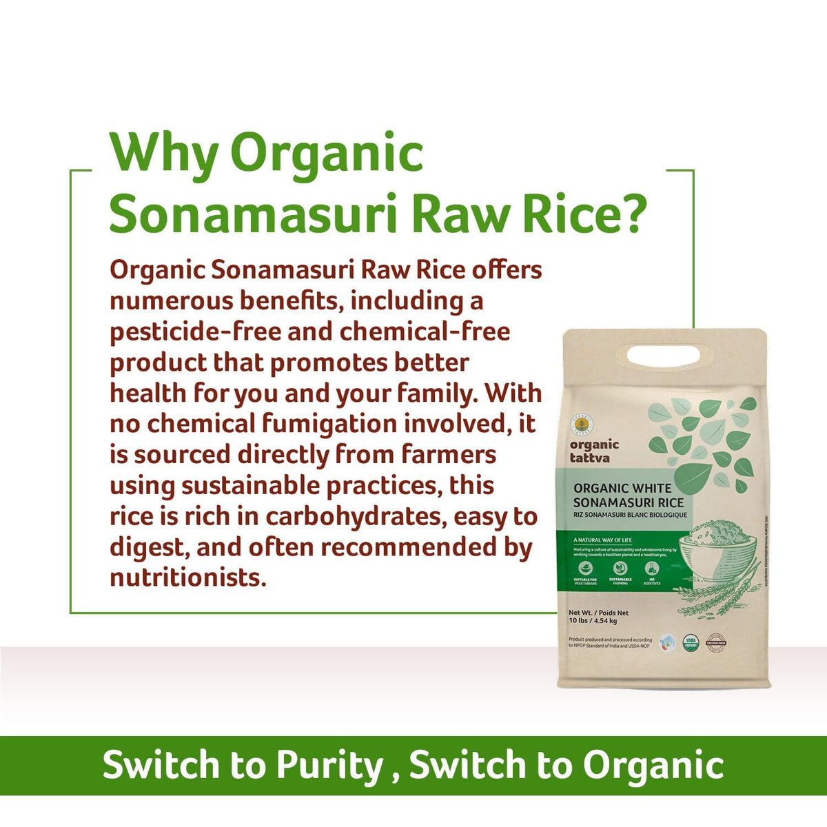 Organic Tattva Sonamasuri Rice Pongal dish demonstrates traditional breakfast preparation.