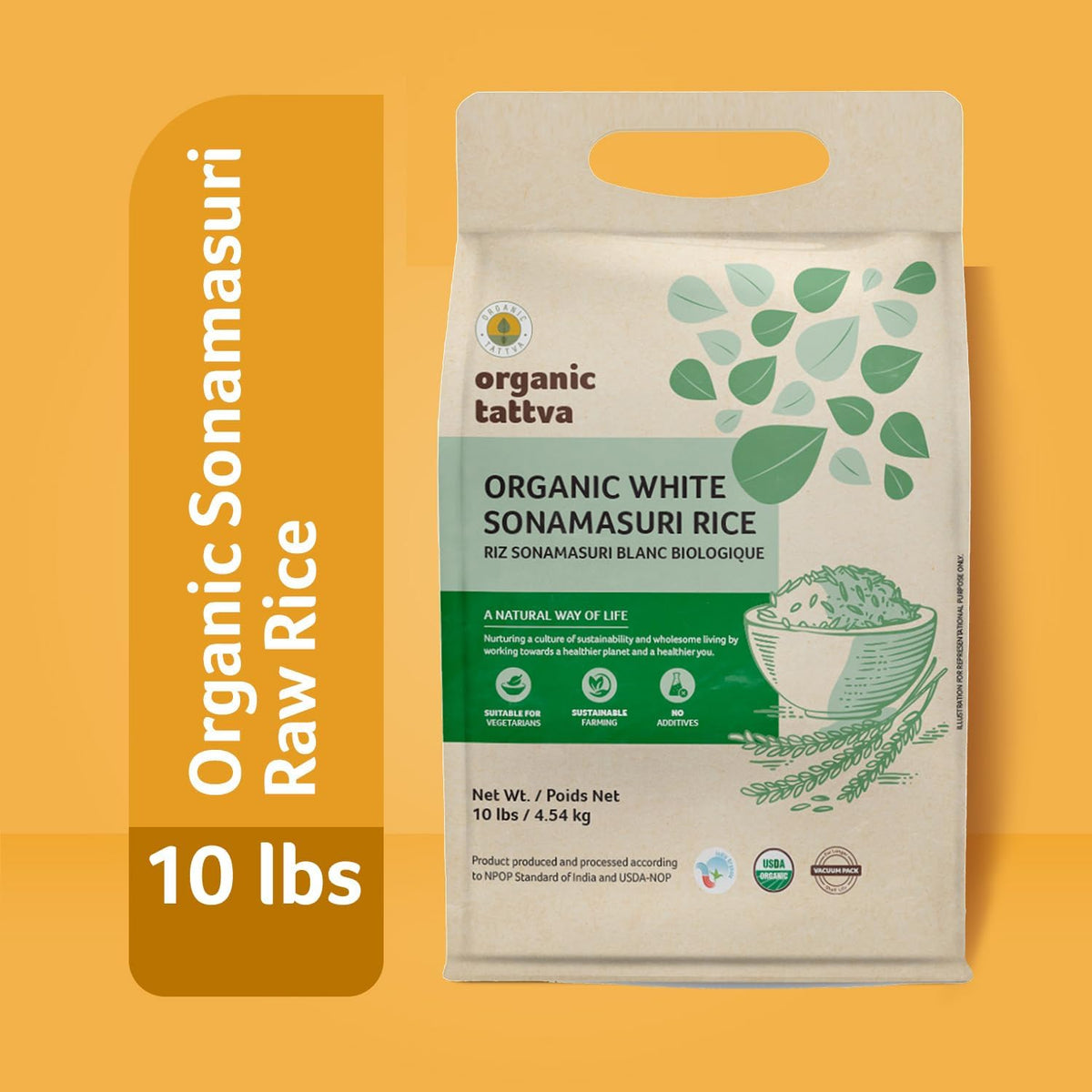 Organic Tattva Sonamasuri Rice steaming bowl highlights light texture and mild aroma for daily meals.
