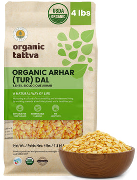 Organic Tattva Toor Dal 4lb pack shown as pantry-ready lentils for quick meals